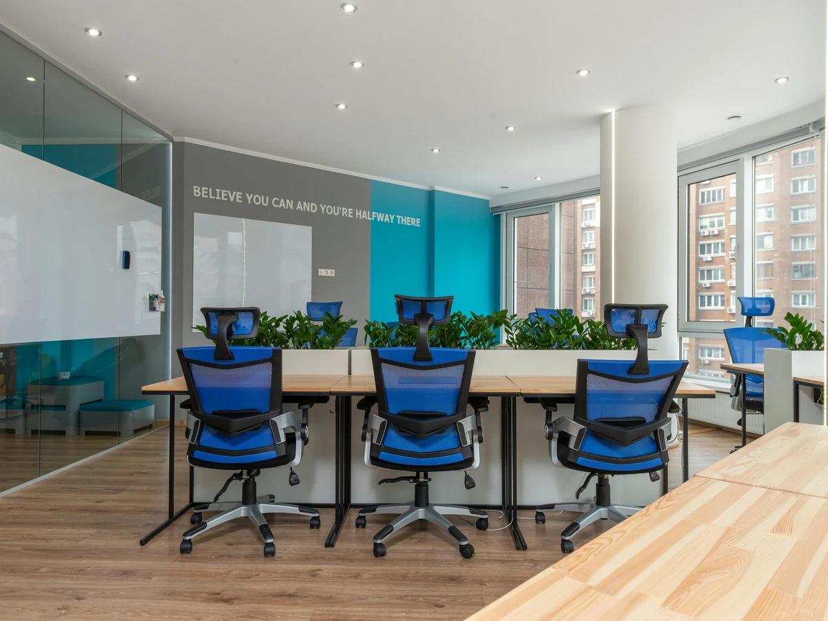 commercial-painting-open-office-teal-york-painters Open plan office with teal accent wall painted by commercial decorators in York