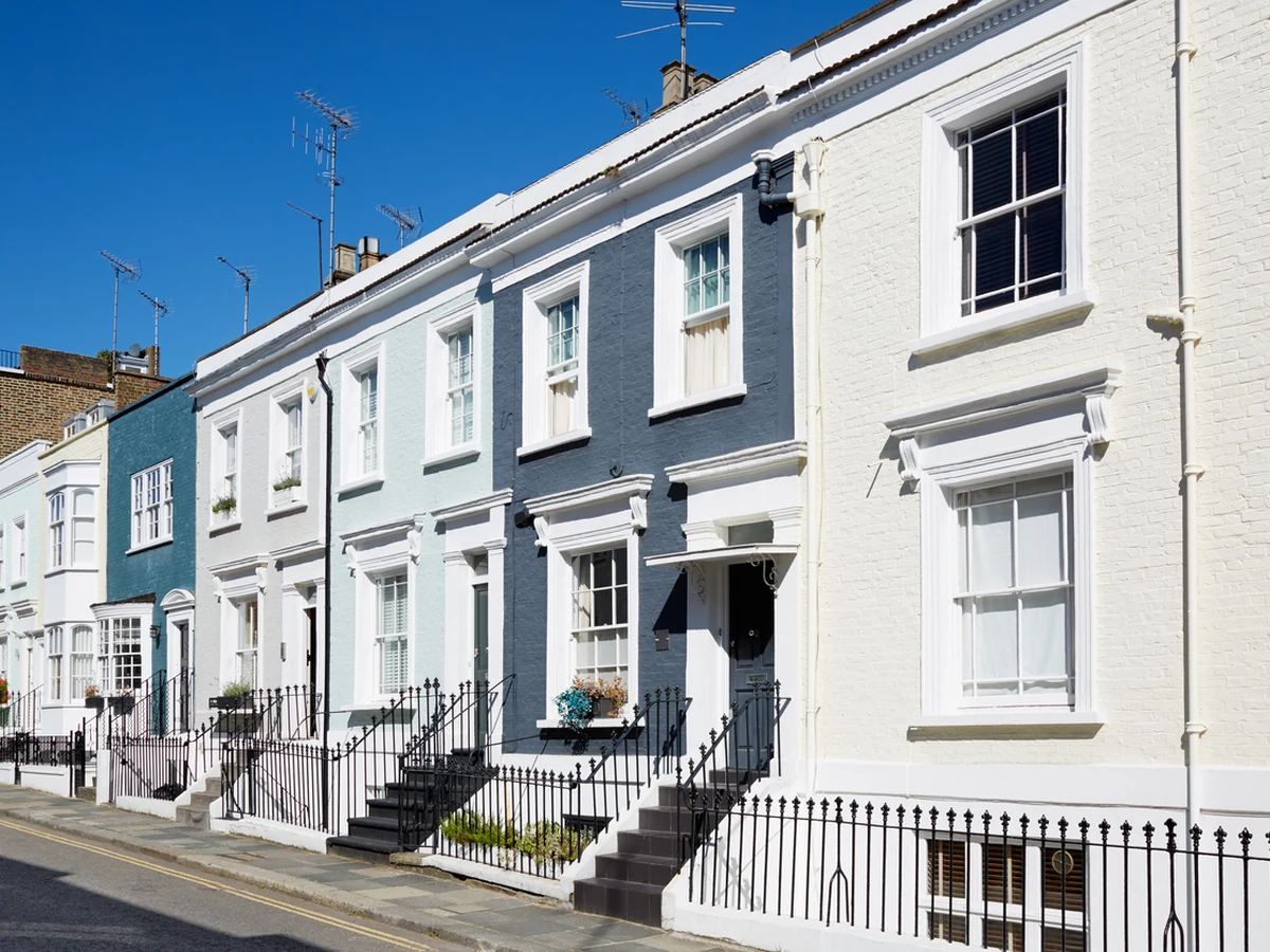 Colourful English terraced houses with freshly painted exteriors and window frames in York