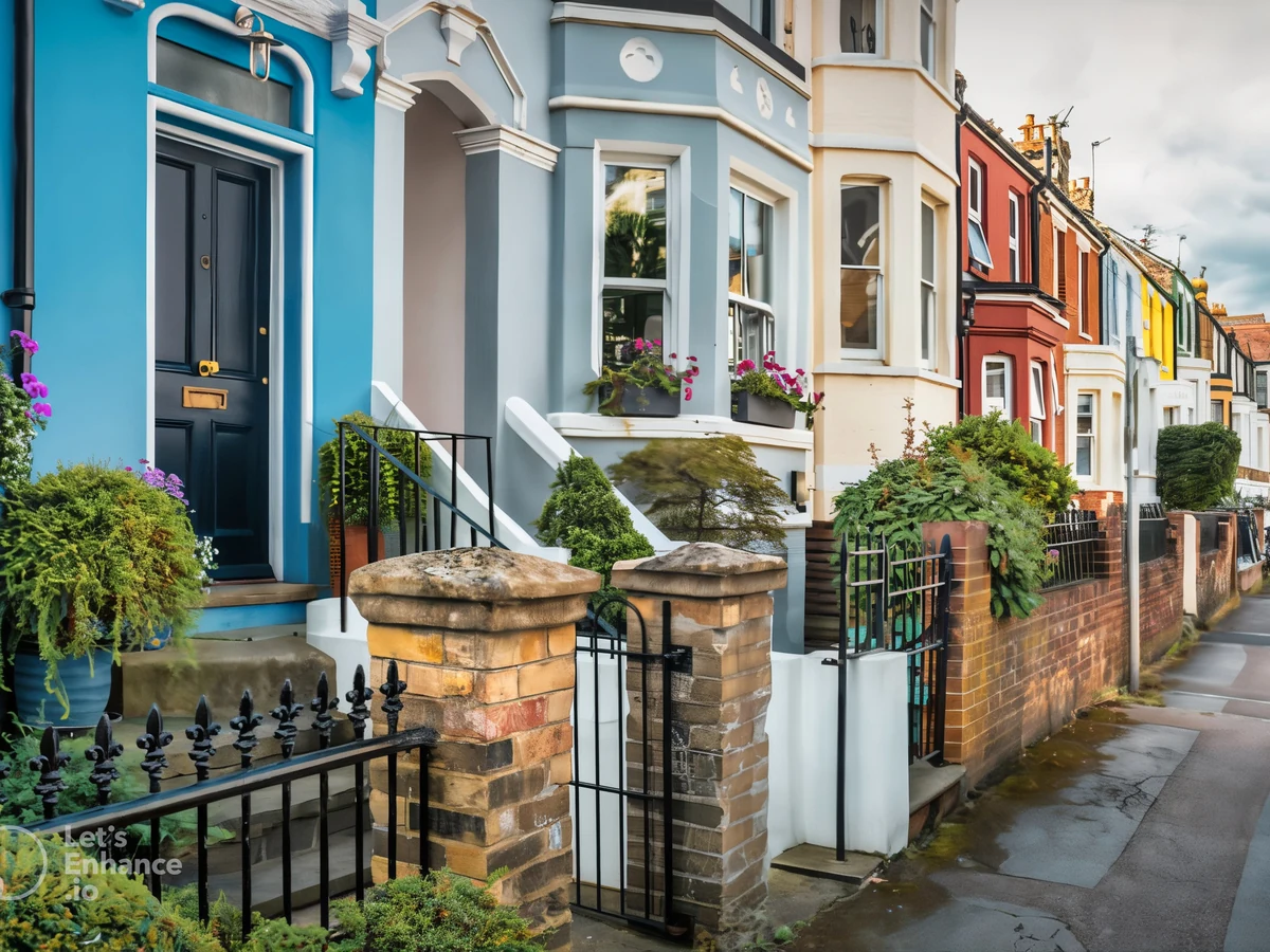 Colourful terraced houses with painted window frames and exteriors in York